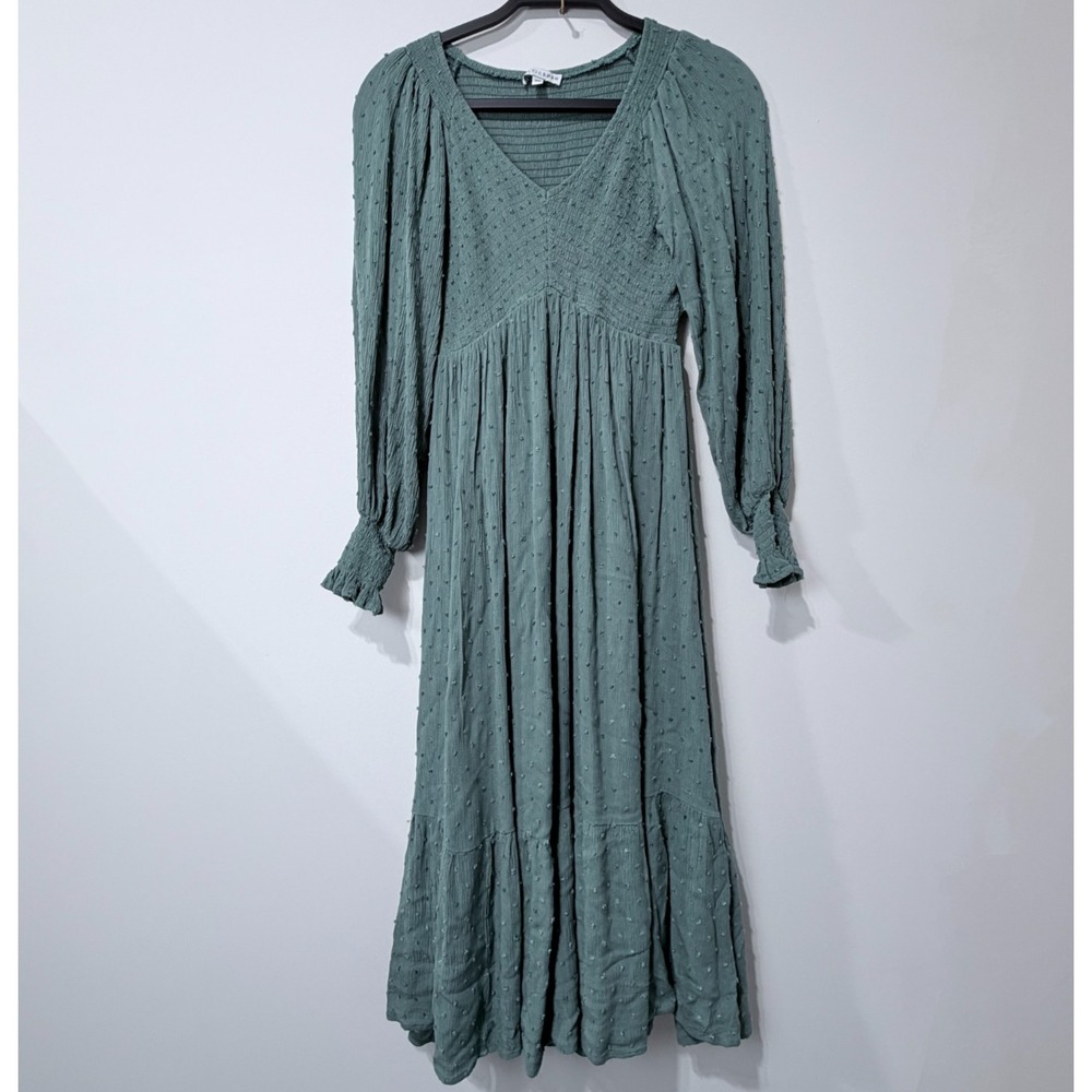 Baltic Born Lainey Smocked Dotted Midi Dress Dark Sage Green - Size XS Prairie